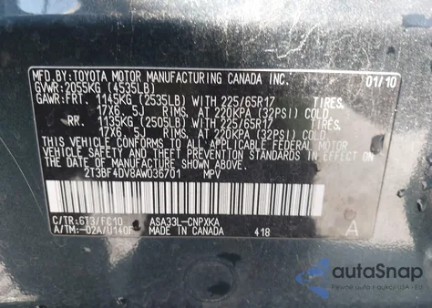 2010 Toyota Rav4 из США, поврежденный, VIN 2T3BF4DV8AW036701